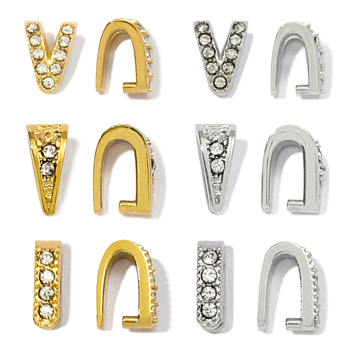 French Stainless Steel Rhinestone V Shaped Pinch Bail Clasps Melon Seeds Clips for DIY Necklace Pendant Women Jewelry