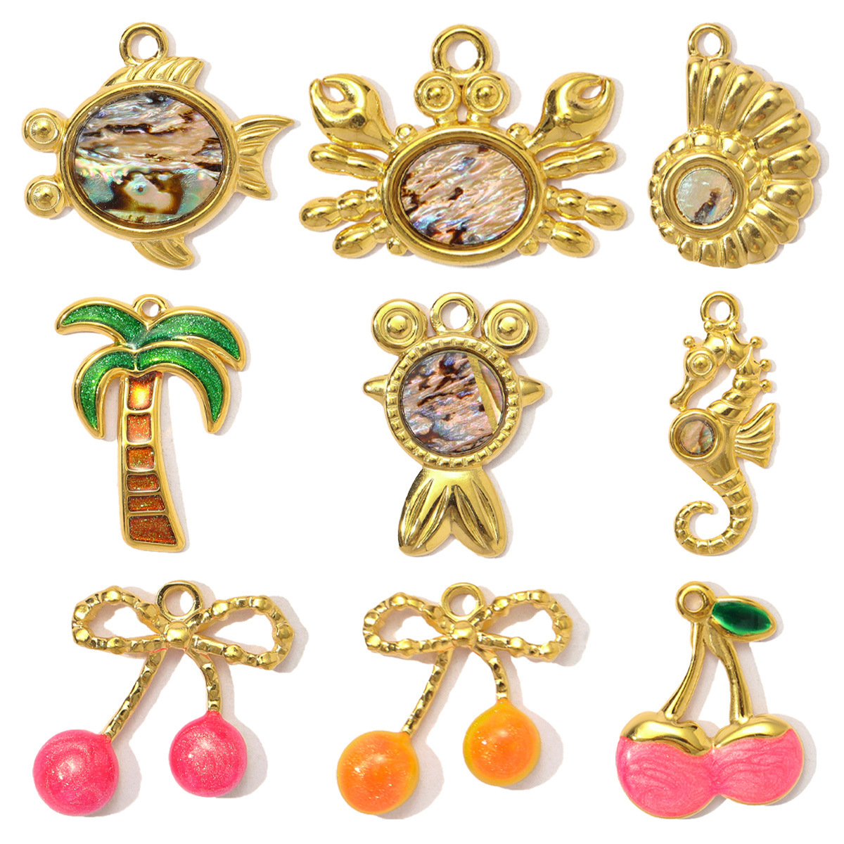 Wholesale Stainless Steel Enamel Cherry Bow Knot DIY Charms Plam Crab Necklace Pendants Women Fish Seahorse Jewelry