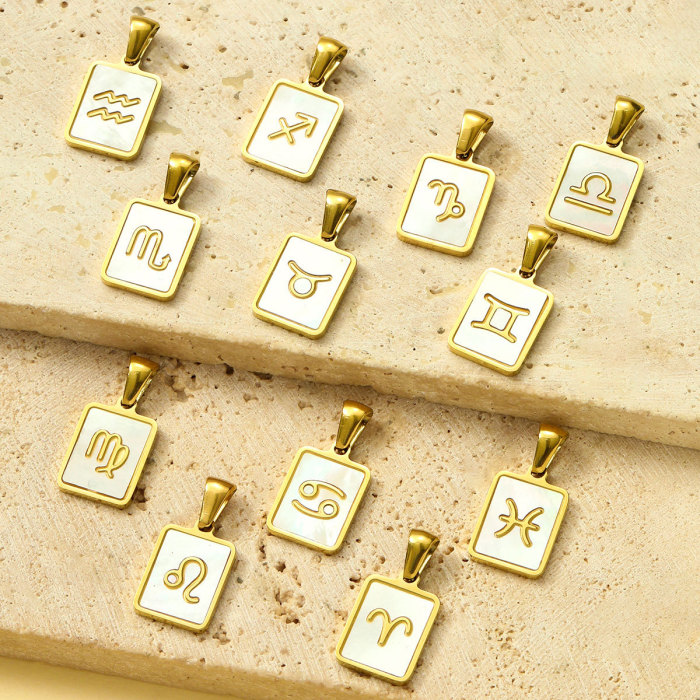 French Retro Stainless Steel Square Zodiac Diy Charm Women 12 Star Signs Necklace Pendant Aries Shell Jewelry Wholesale