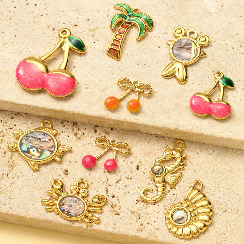 Wholesale Stainless Steel Enamel Cherry Bow Knot DIY Charms Plam Crab Necklace Pendants Women Fish Seahorse Jewelry