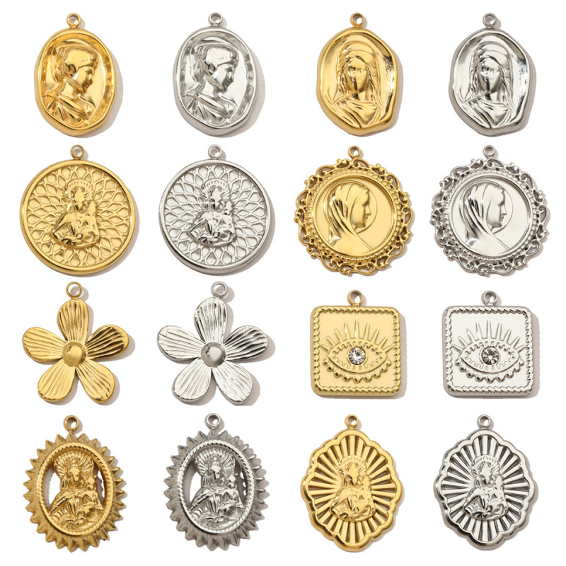 French Eye Flower Stainless Steel Diy Bracelet Charms Women Virgin Mary Necklace Pendant Religious Tag Jewelry