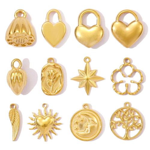 Stainless Steel Heart Lock Rose DIY Charms Angel Wing Flower Necklace Pendants Women's Lotus Seedpod Jewelry