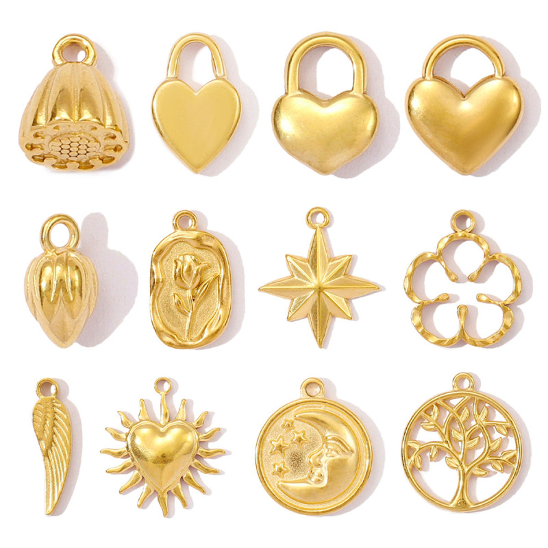 Stainless Steel Heart Lock Rose DIY Charms Angel Wing Flower Necklace Pendants Women's Lotus Seedpod Jewelry
