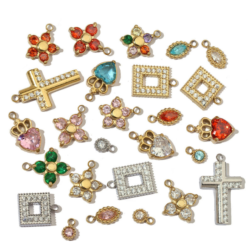 Trendy High Polish Stainless Steel Heart Crown Suqare Charms Flower Cross Necklace DIY Small Pendant Wholesale
