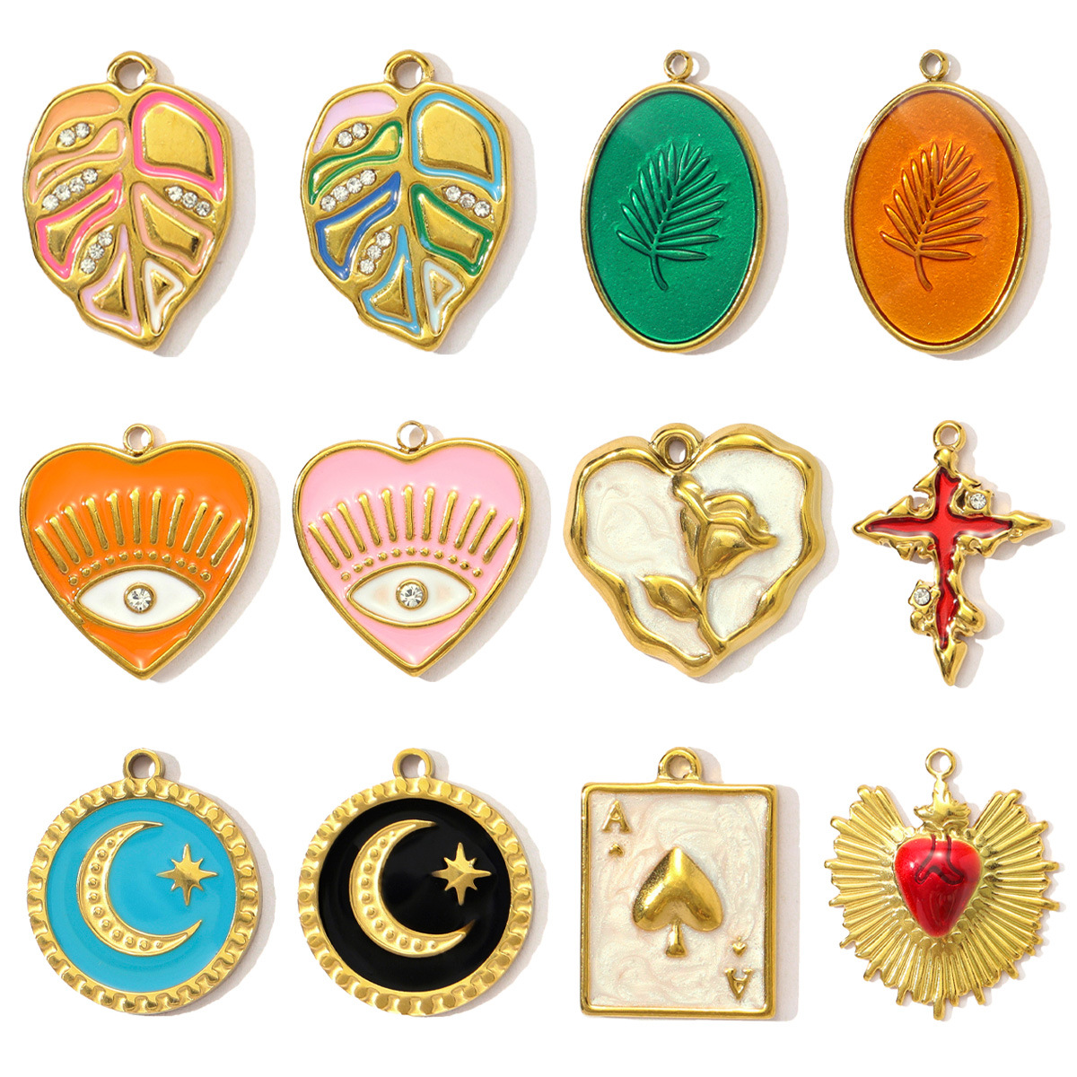 Stainless Steel Love Rose Heart DIY Charms Enamel Evil Eye Moon Necklace Pendants Women Leaf Cross Jewelry Wholesale