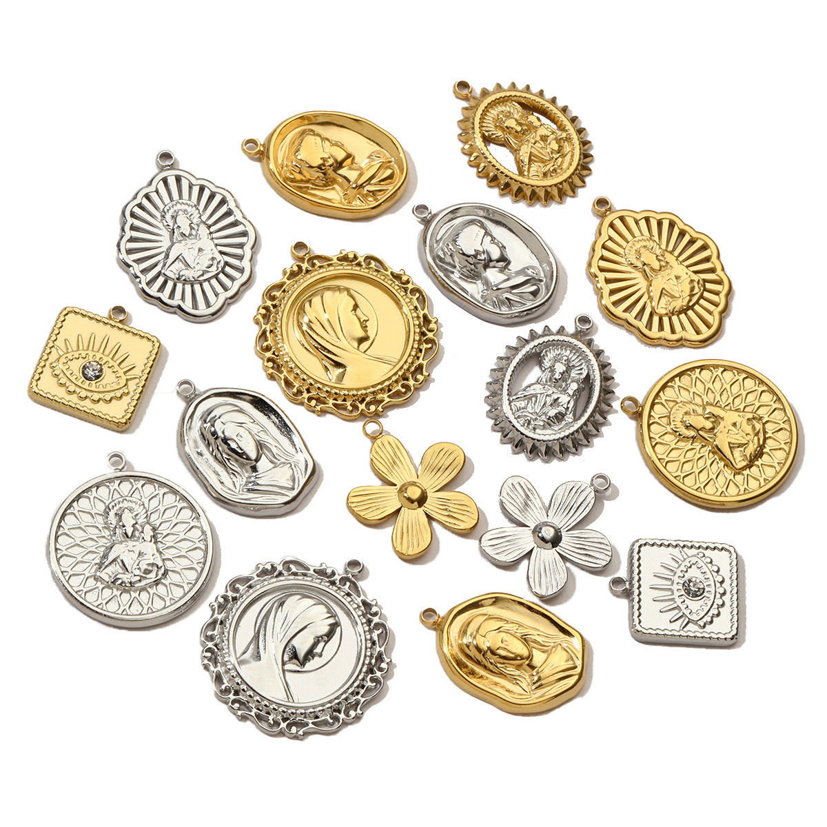 French Eye Flower Stainless Steel Diy Bracelet Charms Women Virgin Mary Necklace Pendant Religious Tag Jewelry