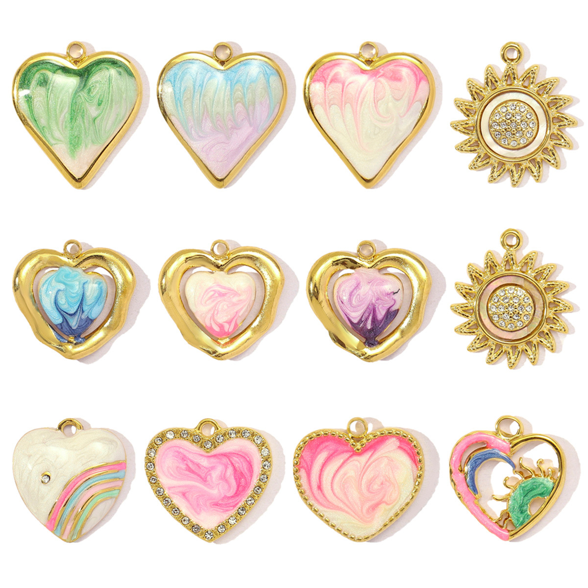 Fashion Colorful Enamel Love Heart Stainless Steel Diy Charm Women Crescent Sunfower Necklace Pendant Rainbow Jewelry