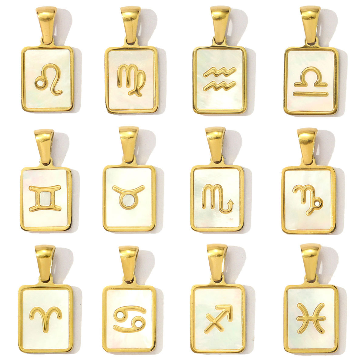 French Retro Stainless Steel Square Zodiac Diy Charm Women 12 Star Signs Necklace Pendant Aries Shell Jewelry Wholesale