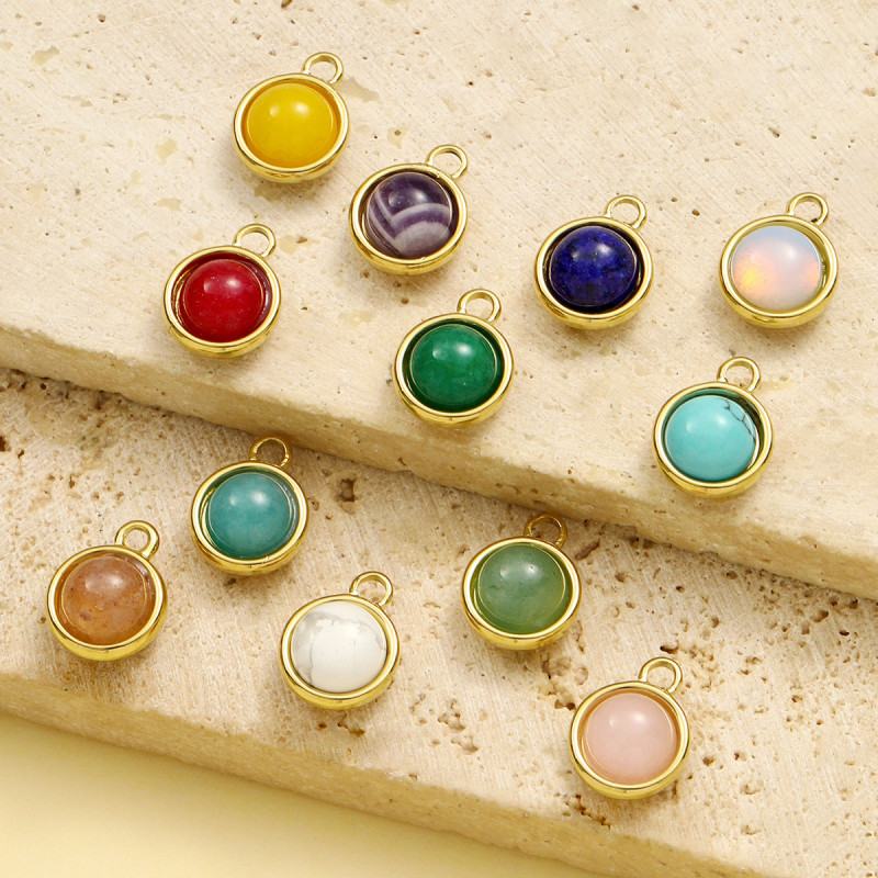 Wholesale Stainless Steel Round Birthstone DIY Charms Women Natural Stone Powder Crystal Necklace Pendants Earrings