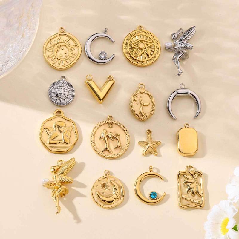 Stainless Steel Crescent Angel Eye Sun Charms Square Brick Palm Leaf Starfish Necklace DIY Small Pendant Wholesale