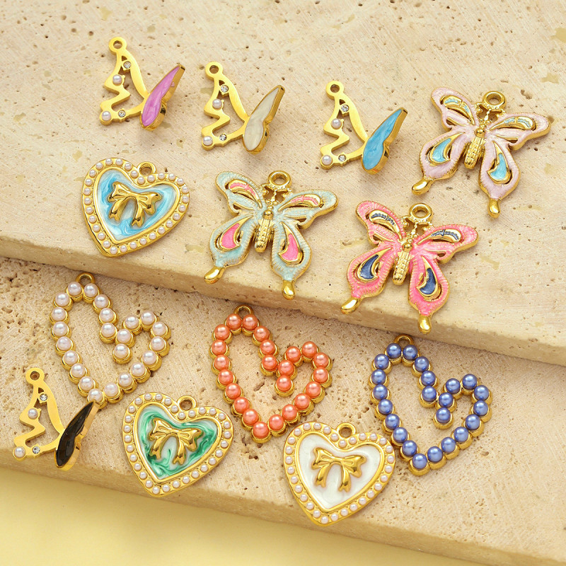 Stainless Steel Enamel Hollow Heart Necklace&Earring Pendant Women Butterfly Bowknot Diy Charm Colorful Love Jewelry