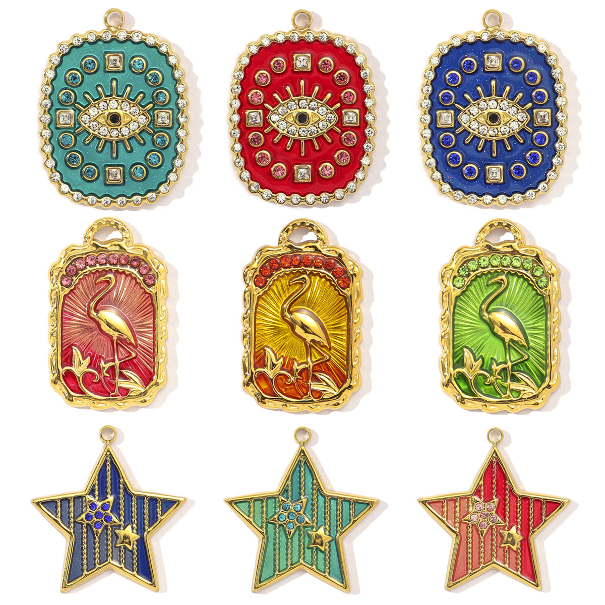 French Stainless Steel Colorful Enamel Evil Eye Star Diy Charms Women Crystal Stone Crane Necklace Pendant Jewelry