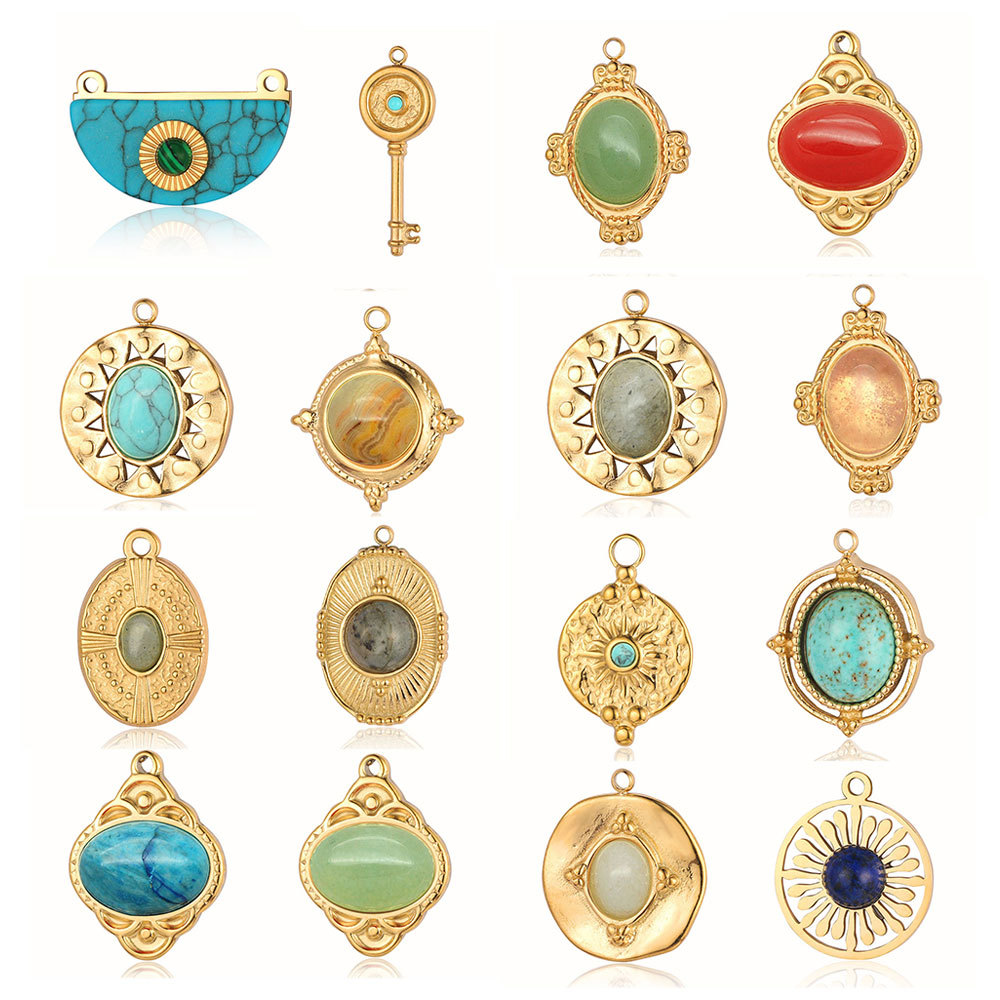 Mirror Polished 316 Stainless Steel DIY Eye Cross Charm Malachite Natural Stone Sun Star Jewelry Necklace Pendant