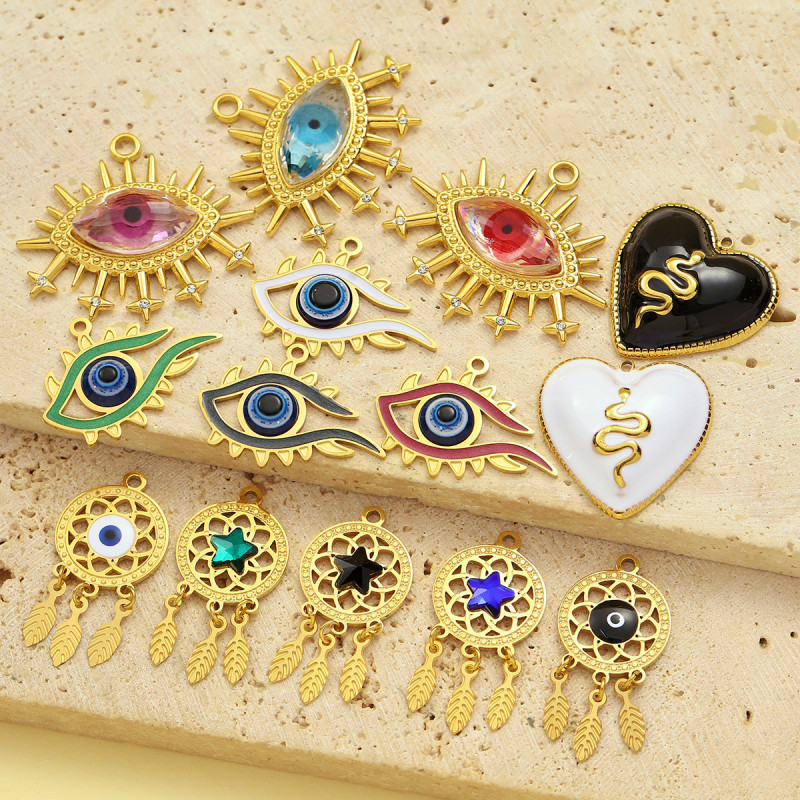 Fashion Stainless Steel Enamel Heart Snake Diy Charm Women Dream Catcher Star Necklace Pendant Star Evil Eye Jewelry