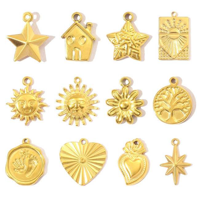 Fashion Stainless Steel Life Tree Flower Crown Necklace Pendants Women Star Sun Heart DIY Bracelet Charms House Jewelry