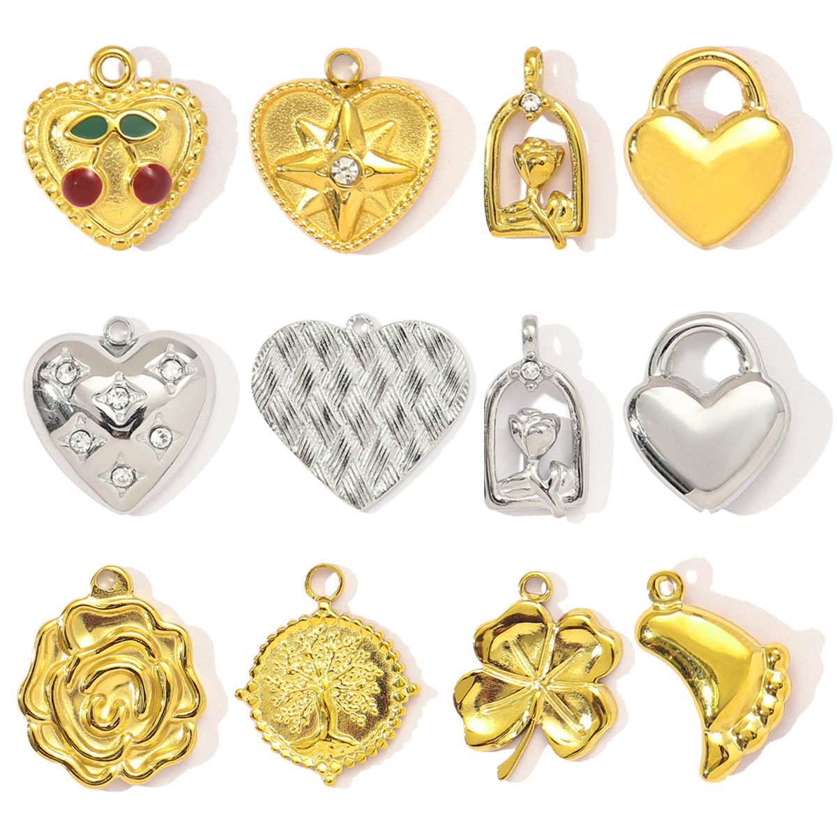 French Retro Stainless Steel Heart Flower Clover Necklace Pendant Women Cherry Foot Diy Bracelet Charms Love Jewelry