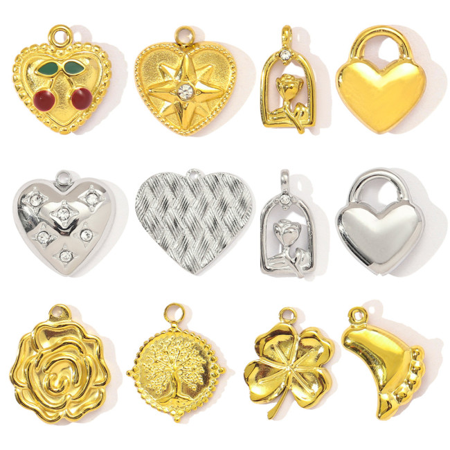French Retro Stainless Steel Heart Flower Clover Necklace Pendant Women Cherry Foot Diy Bracelet Charms Love Jewelry