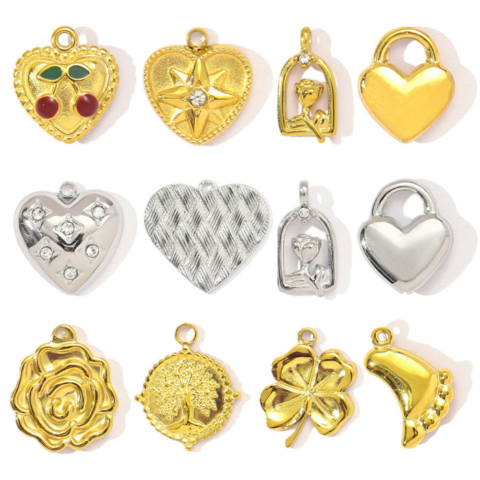 French Retro Stainless Steel Heart Flower Clover Necklace Pendant Women Cherry Foot Diy Bracelet Charms Love Jewelry