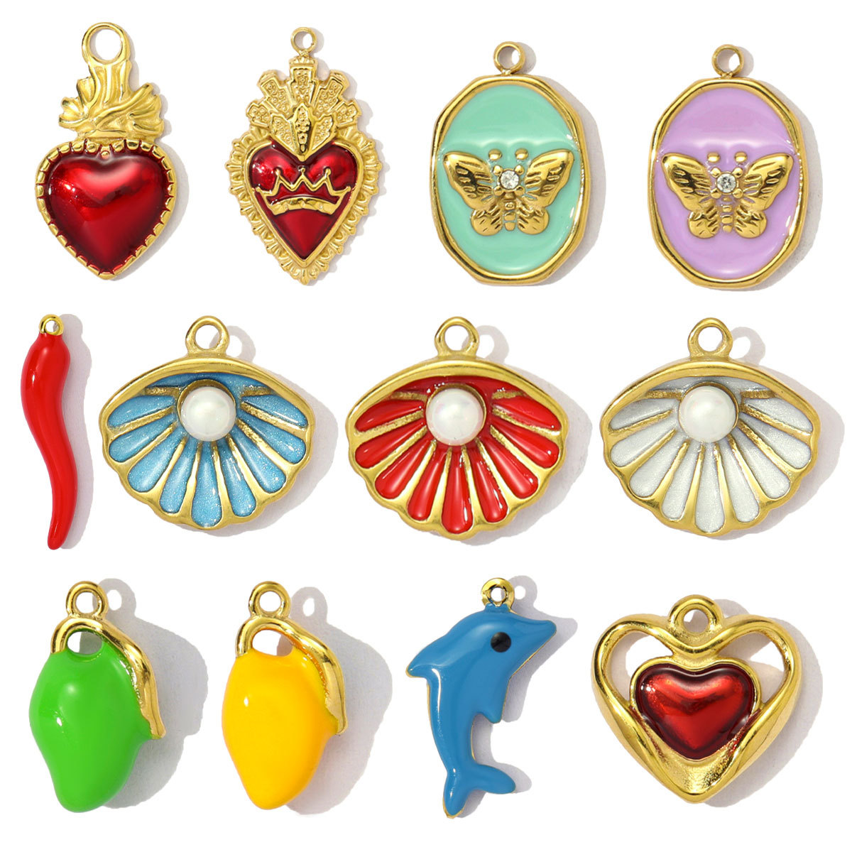 Stainless Steel Enamel Shell Pearl Dolphin Diy Charm Women Mango Chili Necklace Pendant Butterfly Heart Jewelry Wholesale
