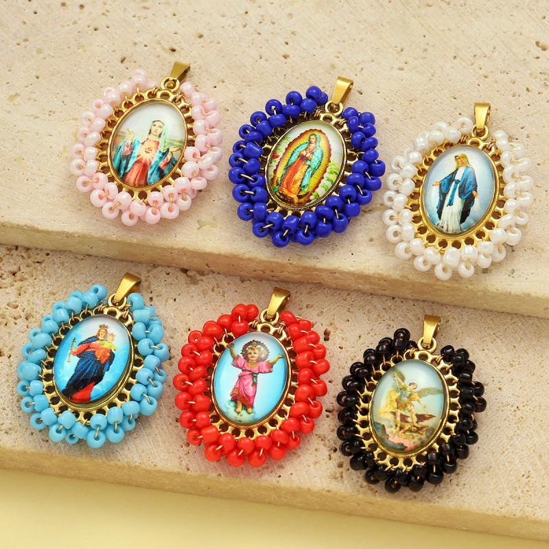 French Stainless Steel Braid Seed Beads Handmaking DIY Charms Women Virgin Mary Necklace Pendant Holy Mother Jewelry