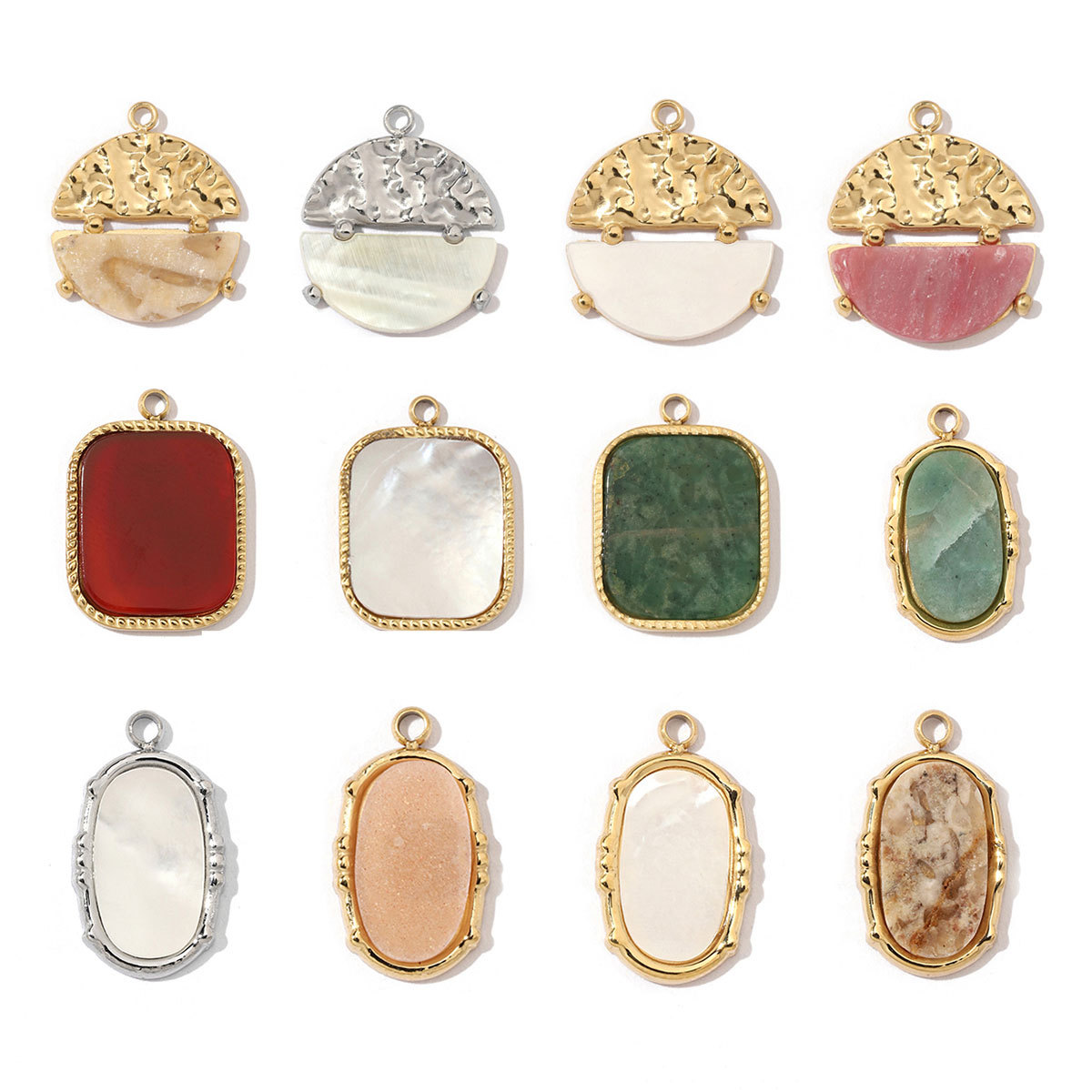 Bohemian Style Natural Stone Stainless Steel Pendants Oval Square Shell Charms for DIY Jewelry Accessories