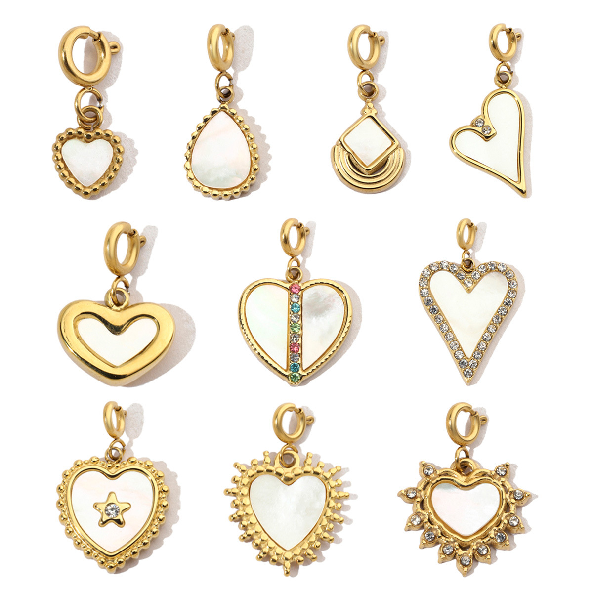 Stainless Steel Heart Charms Shell Pendants with Snap Hook for DIY Jewelry Making Accessory Wholesale