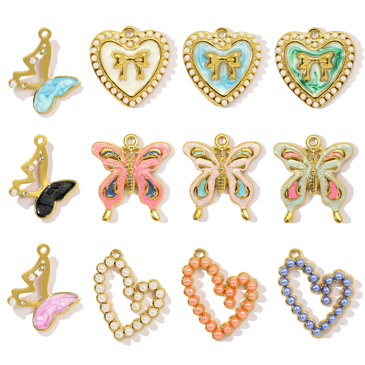 Stainless Steel Enamel Hollow Heart Necklace&Earring Pendant Women Butterfly Bowknot Diy Charm Colorful Love Jewelry