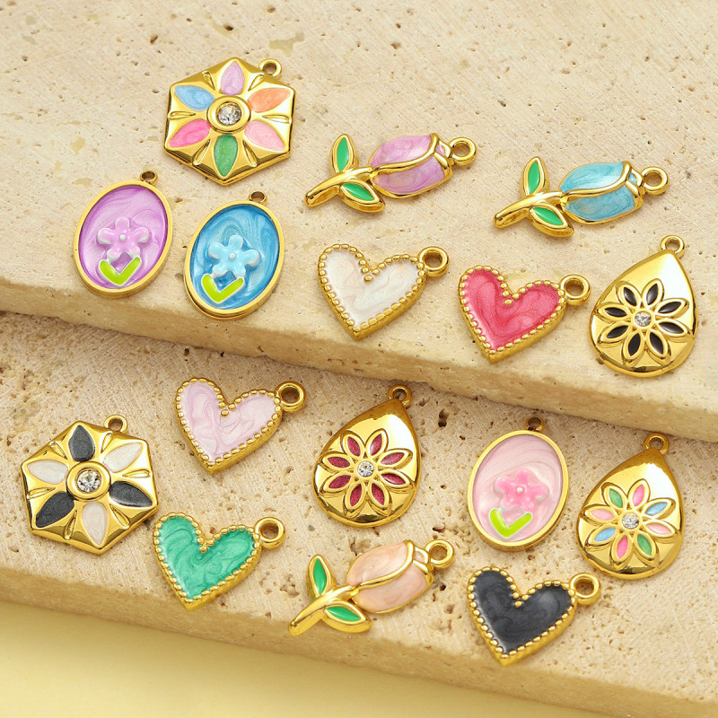 Enamel Tulip Rose Flower Stainless Steel Diy Charms Women Butterfly Daisy Necklace Pendant Cherry Strawberry Jewelry