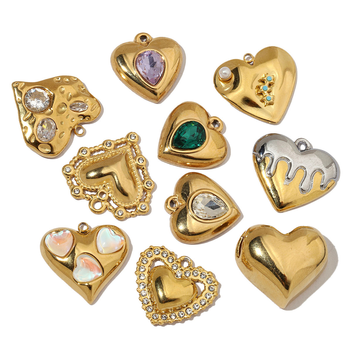 Stainless Steel Heart Charms with Zircon Pendants for DIY Making Bracelet Necklace Jewelry