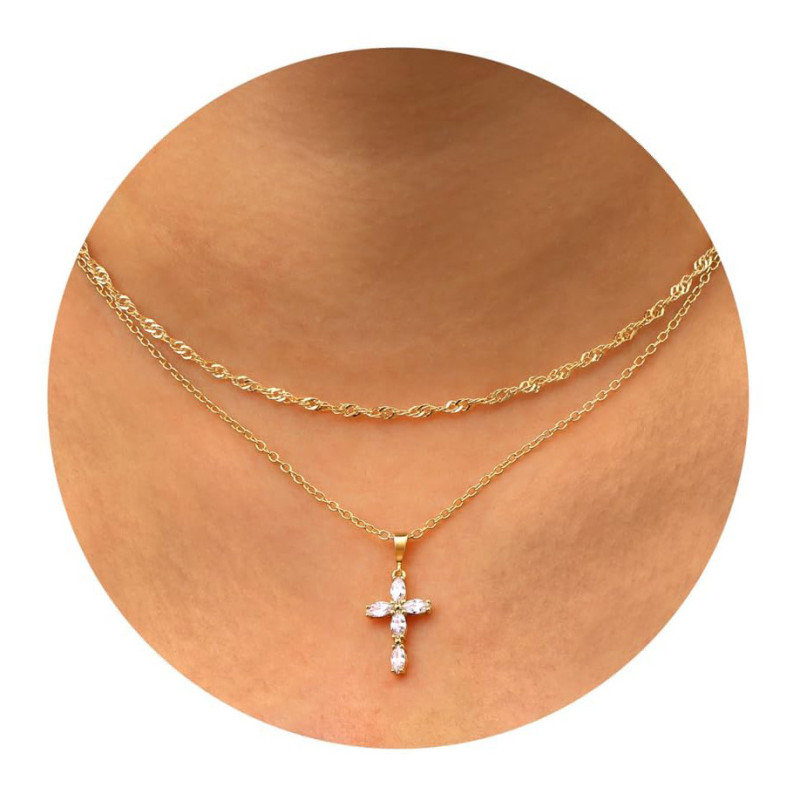 Golden Cross Zircon Pendant Necklace Party Vacation Anniversary Daily Fashion Versatile Classic Trend Niche Necklace