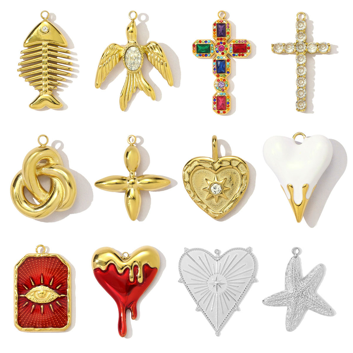 Stainless Steel Enamel Love Heart Diy Charm Women Evil Eye Cross Necklace Pendant Swallow Fish Bone Jewelry Wholesale