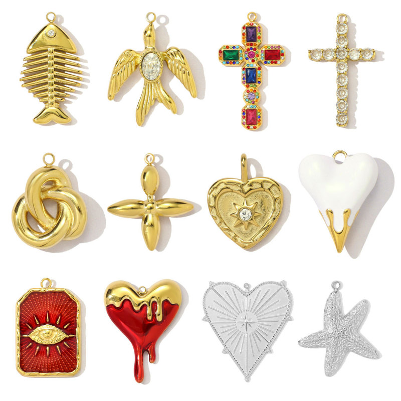 Stainless Steel Enamel Love Heart Diy Charm Women Evil Eye Cross Necklace Pendant Swallow Fish Bone Jewelry Wholesale