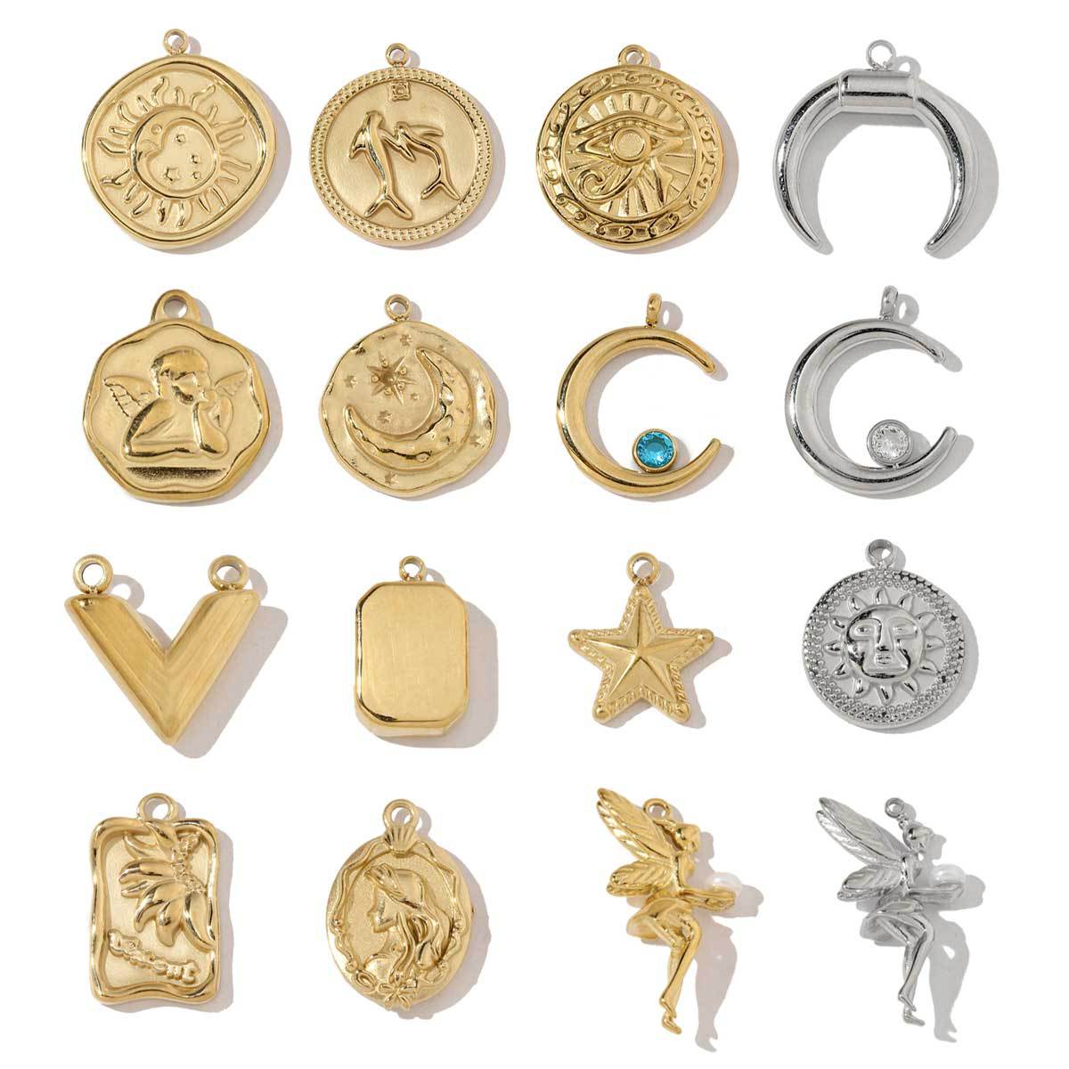 Stainless Steel Crescent Angel Eye Sun Charms Square Brick Palm Leaf Starfish Necklace DIY Small Pendant Wholesale