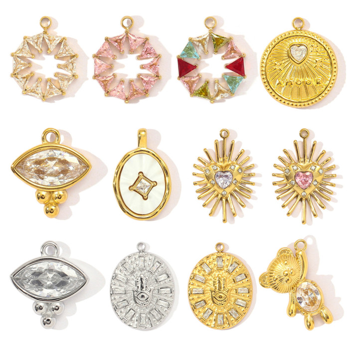 Mirror Polish Stainless Steel Cubic Zircon Heart Diy Charm Women Stone Eye Bear Necklace Pendant Crescent Star Jewelry