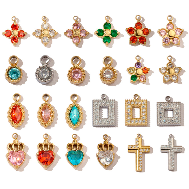 Trendy High Polish Stainless Steel Heart Crown Suqare Charms Flower Cross Necklace DIY Small Pendant Wholesale