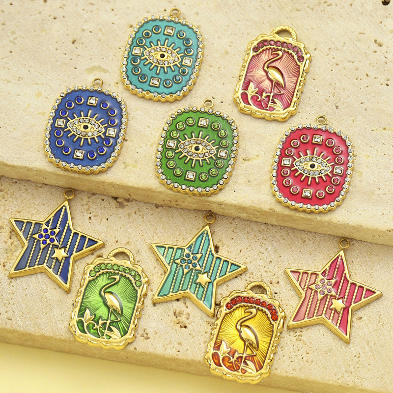 French Stainless Steel Colorful Enamel Evil Eye Star Diy Charms Women Crystal Stone Crane Necklace Pendant Jewelry