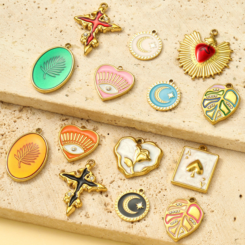 Stainless Steel Love Rose Heart DIY Charms Enamel Evil Eye Moon Necklace Pendants Women Leaf Cross Jewelry Wholesale