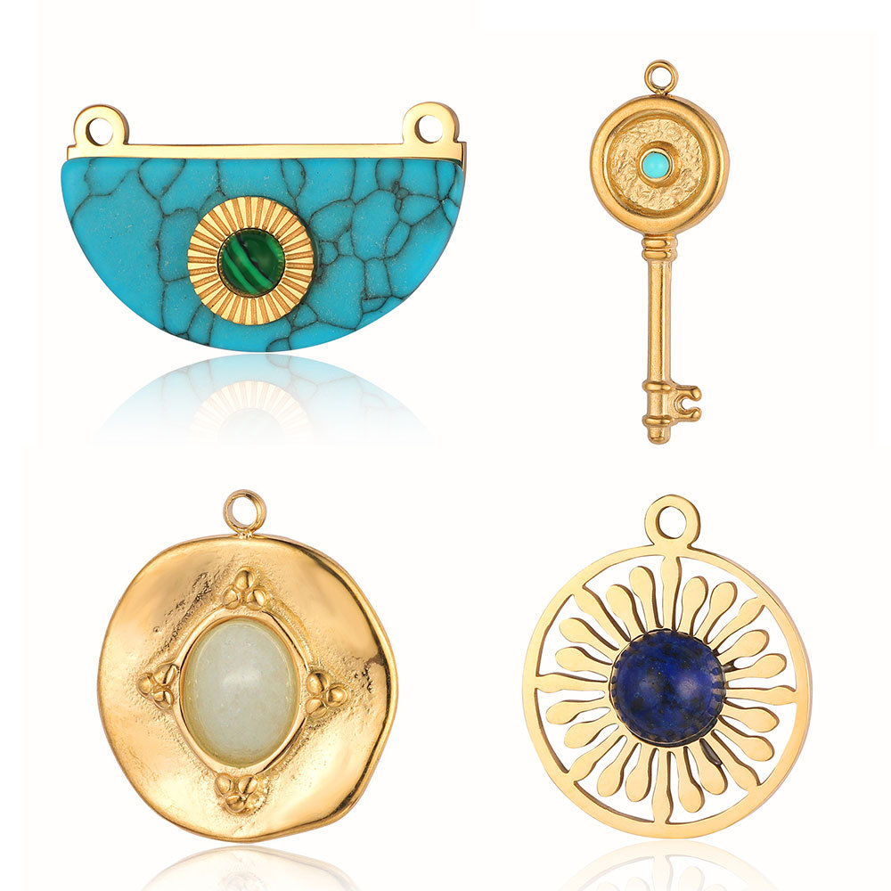 Mirror Polished 316 Stainless Steel DIY Eye Cross Charm Malachite Natural Stone Sun Star Jewelry Necklace Pendant