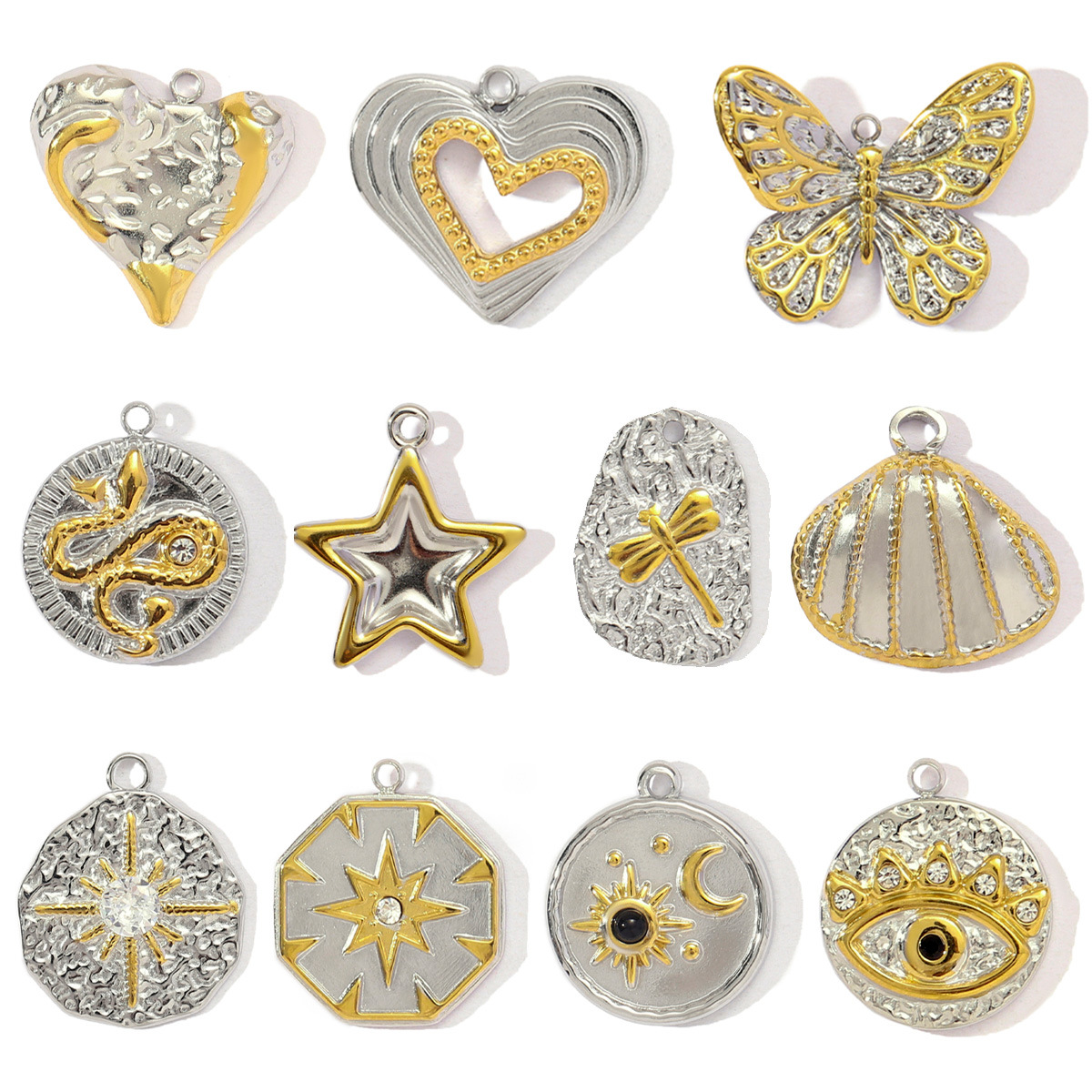 French Stainless Steel Two Tone Heart Shell Eye Necklace Pendant Women Crescent Moon Star DIY Charms Dragonfly Jewelry