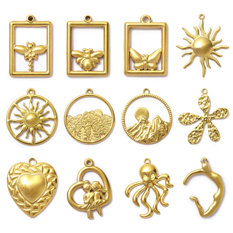 Stainless Steel Bee Dragonfly Butterfly DIY Earring Charms Sun Mountain Necklace Pendants Women's Love Heart Jewelry