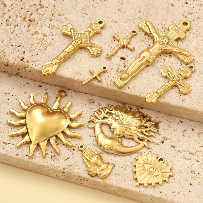 Religious Cross Stainless Steel DIY Earrings Charms Hands Heart Necklace Pendants Women's Sun Moon Jewelry Wholesale