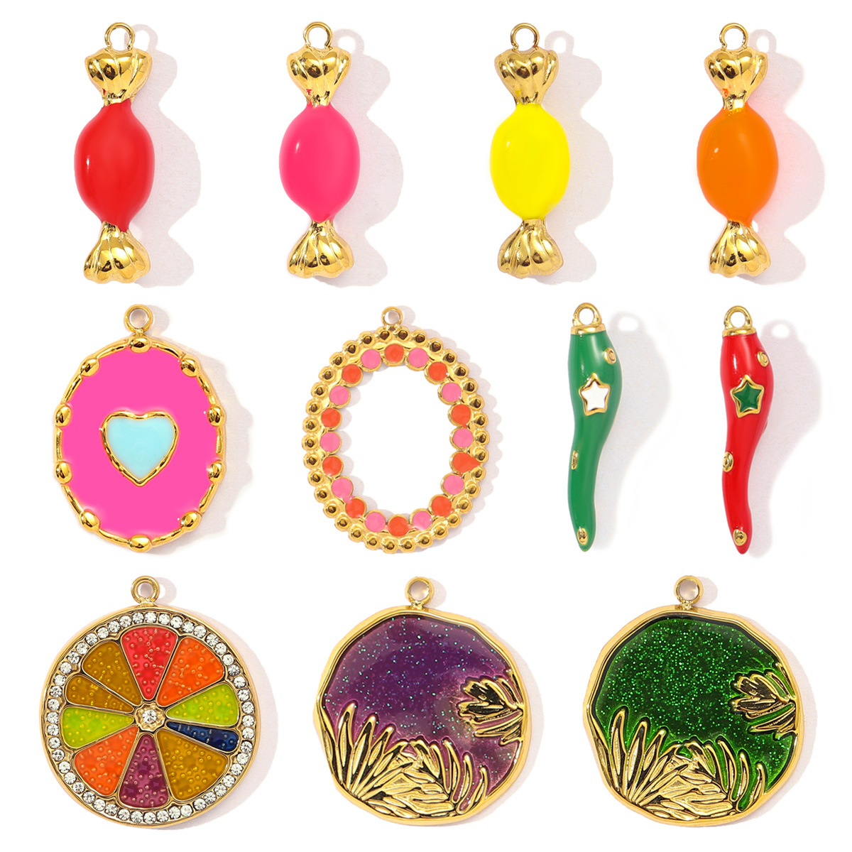 Stainless Steel Colorfull Candy Chili Necklace Pendant Women Enamel Heart Leaf Lemon Diy Bracelet Charms Love Jewelry