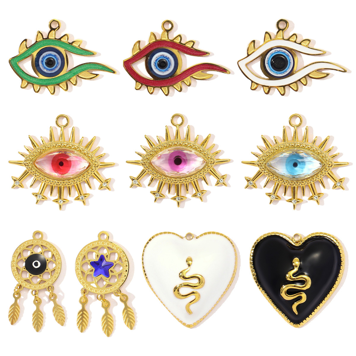 Fashion Stainless Steel Enamel Heart Snake Diy Charm Women Dream Catcher Star Necklace Pendant Star Evil Eye Jewelry