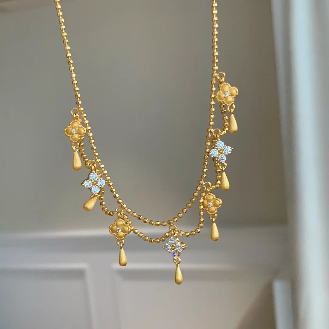 Water Drop Tassel Four - Leaf Clover Necklace for Women4