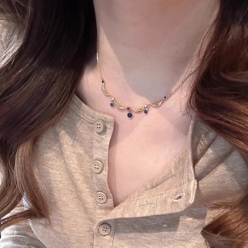 French - style Retro Sapphire Tassel Necklace in the Blue Drop - shaped Series with Ancient - style Fused Glass Craftwork Lace4