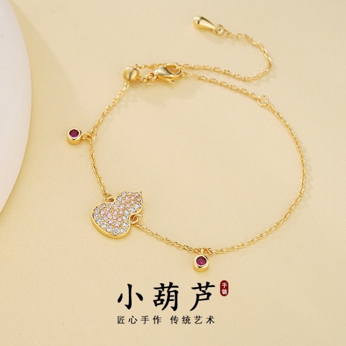 Light luxury high-end full diamond gradual change pink corundum gourd bracelet necklace national style fashion niche design suit women