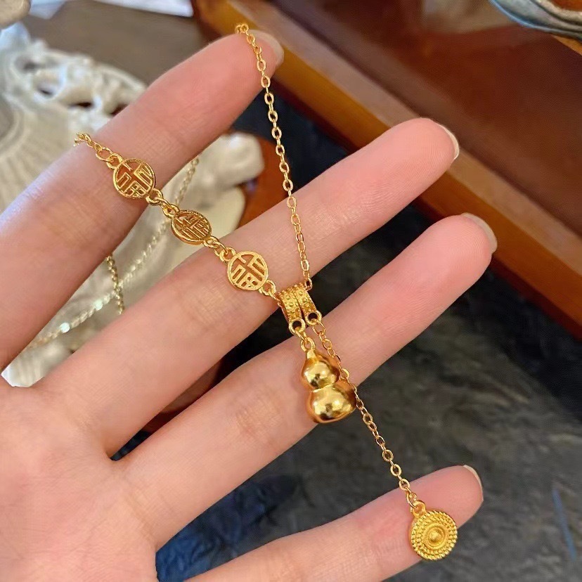 auspicious gourd pendant necklace for women, antique sand - gold with tassels