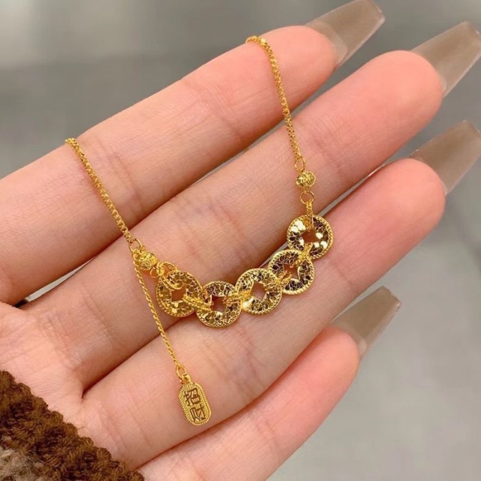 Gold Five-Emperor Coin Necklace, Retro and Luxury Light Necklace