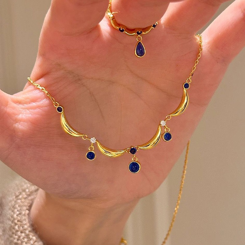 French - style Retro Sapphire Tassel Necklace in the Blue Drop - shaped Series with Ancient - style Fused Glass Craftwork Lace