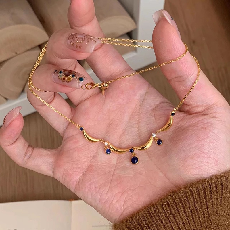 French - style Retro Sapphire Tassel Necklace in the Blue Drop - shaped Series with Ancient - style Fused Glass Craftwork Lace2